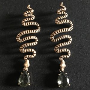 Vintage Gilded Bronze Snake Earrings with Crystals